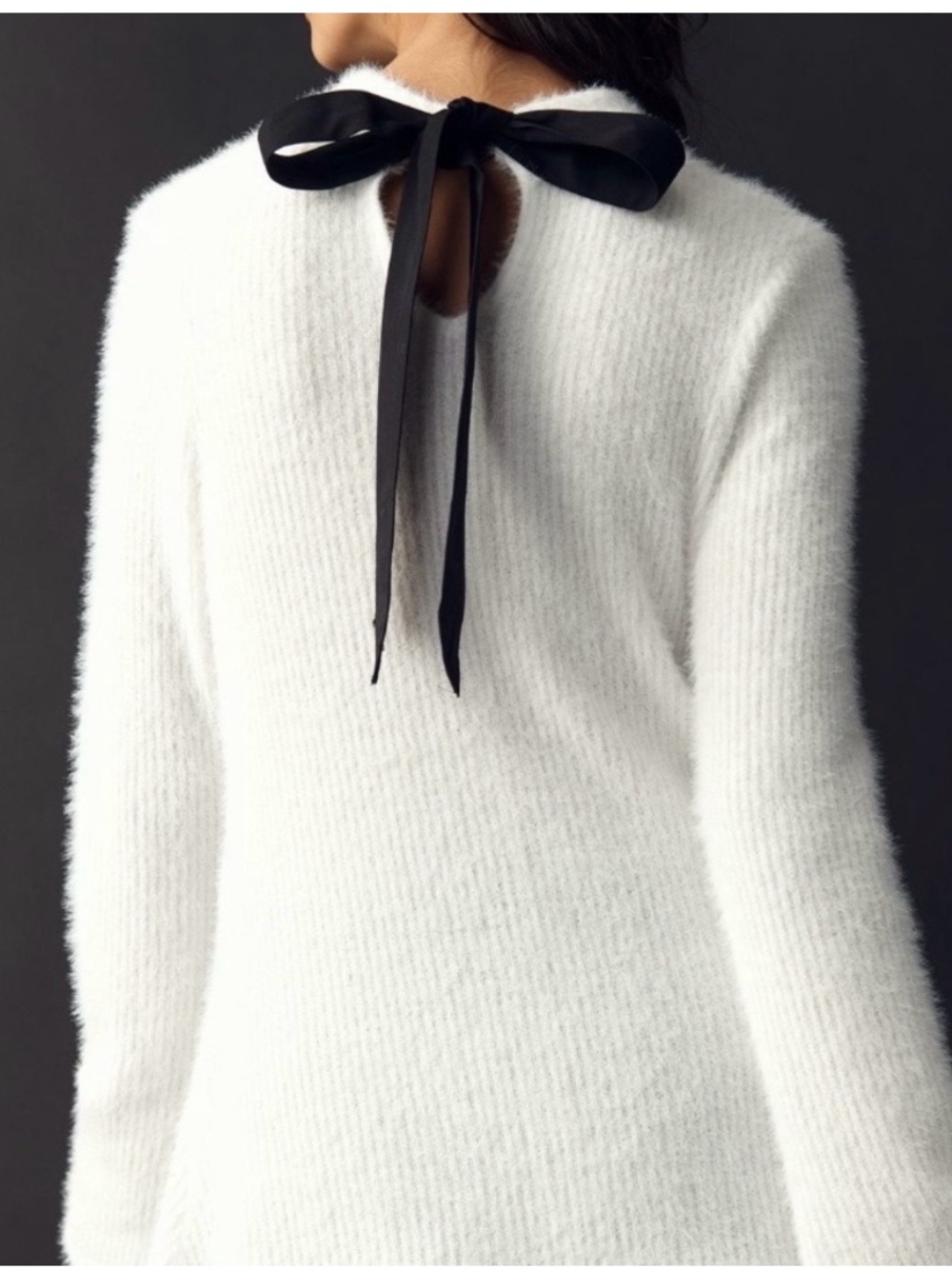 Maeve White Fuzzy Crewneck Sweater with Black Ribbon Back Tie